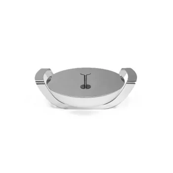 Polished Round Porcelain Dish With Stainless Steel Holder - Dia: 28 H: 6 cm