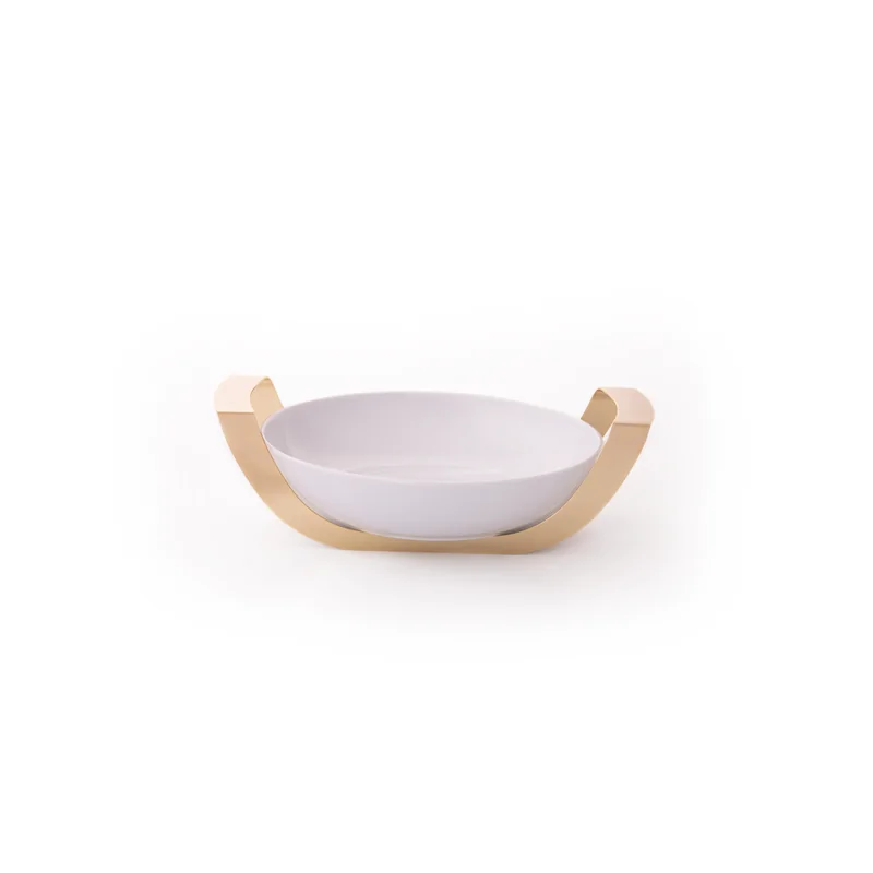 Gold Round Porcelain Dish With Stainless Steel Holder - Dia: 28 H: 6 cm