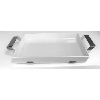 Polished Rectangular Porcelain Dish With Stainless Steel Holder - 54 X 17 H: 6.8 cm