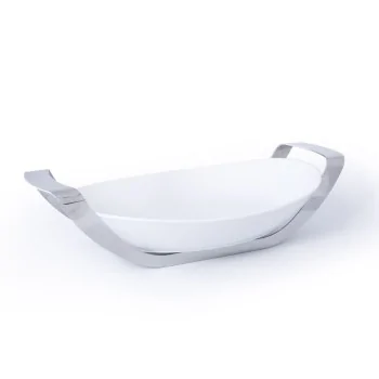 Polished Oval Porcelain Dish With Stainless Steel Holder - 35 X 25.5 H: 6.5 cm