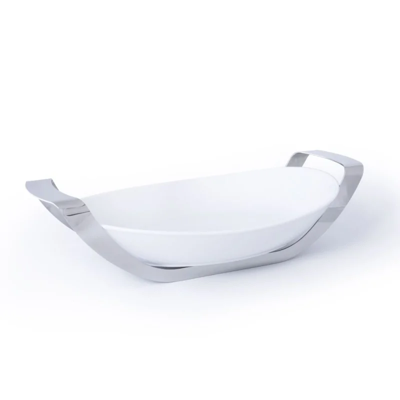 Polished Oval Porcelain Dish With Stainless Steel Holder - 35 X 25.5 H: 6.5 cm Polished Oval Porcelain Dish With Stainless Steel Holder - 35 X 25.5 H: 6.5 cm