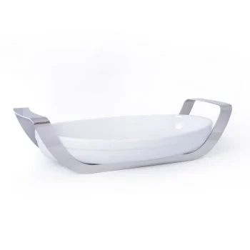 Polished Oval Porcelain Dish With Stainless Steel Holder - 39 X 23.5 H: 6 cm