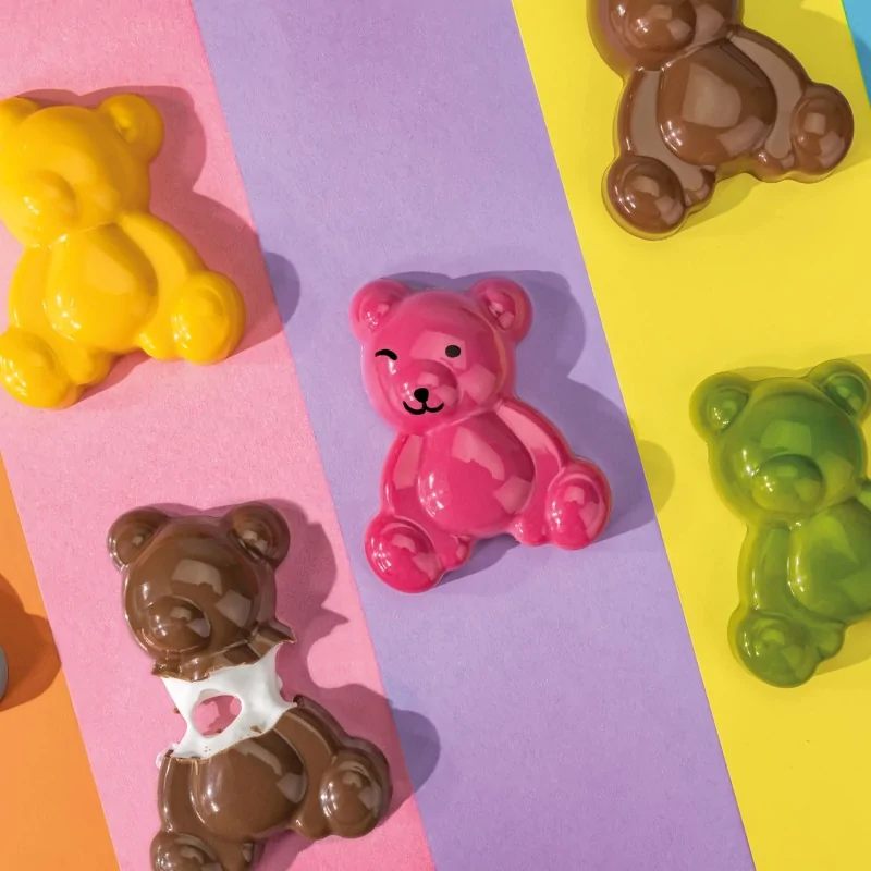 Professional Polycarbonate Mallow Teddy Bear Chocolate Mold - 80 mm x 64.5 mm x h 22.5 mm - 56gr - 6 Cavities Professional Polycarbonate Mallow Teddy Bear Chocolate Mold - 80 mm x 64.5 mm x h 22.5 mm - 56gr - 6 Cavities