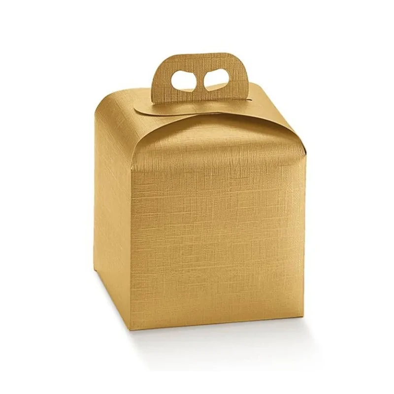 Gold Fiber Linen Texture Panettone Cardboard Box with Handle - 100 mm x 100 mm x 100 mm - Pack of 25 - Pastry Chef's Boutique