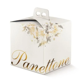 White Panettone Cardboard Box with Gold Lettering and Winter Design with Handle - 245mm x 245mm x 190mm - Pack of 25