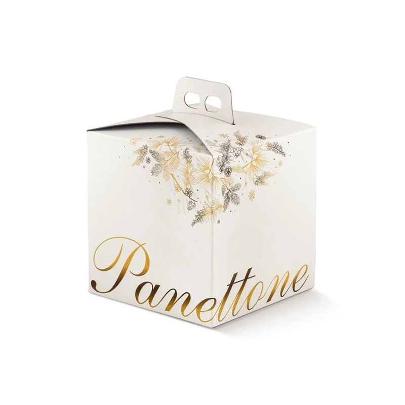 White Panettone Cardboard Box with Gold Lettering and Winter Design with Handle - 245mm x 245mm x 190mm - Pack of 25