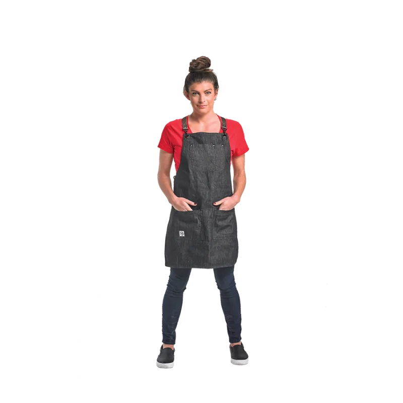 Barfly Renegade Bib Apron - Black Denim With Brown Leather Straps Barfly Renegade Bib Apron - Black Denim With Brown Leather Straps