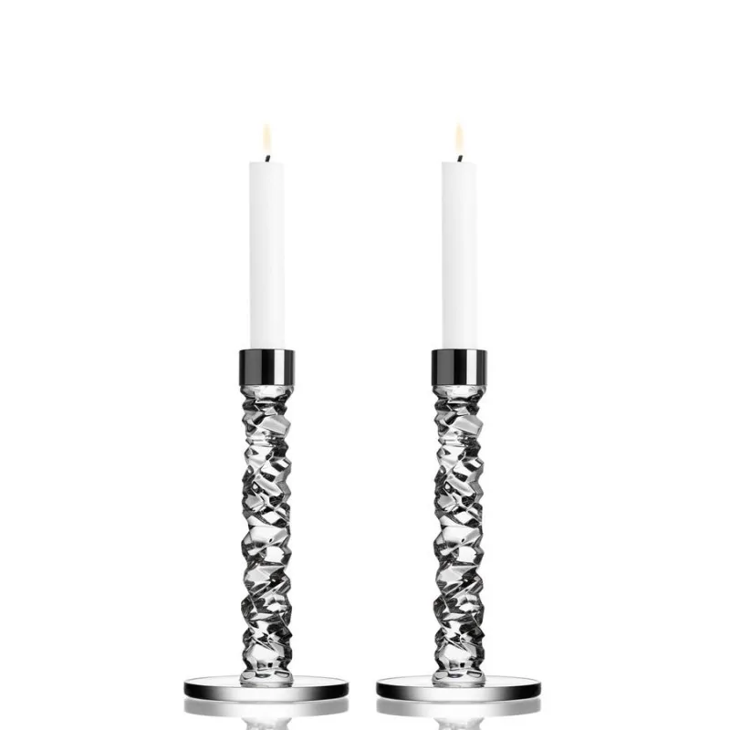 Orrefors Carat Crystal Candlestick Silver Small - Set of 2