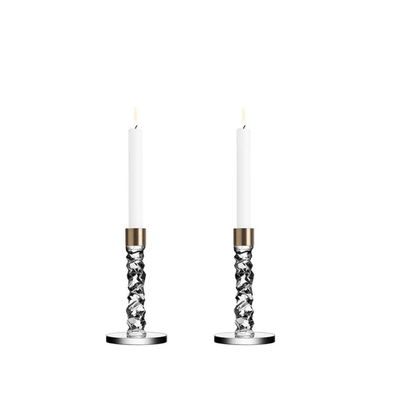 Orrefors Carat Crystal Candlestick Pair Small Brass
