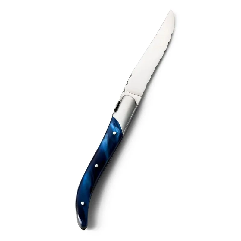 Bon Chef Laguiole Steak Knife - 8 - 7/8" Overall Length - 4" Blade - 13/0 Stainless Steel Blade - Blue Handle - Set of 12 Bon Chef Laguiole Steak Knife - 8 - 7/8" Overall Length - 4" Blade - 13/0 Stainless Steel Blade - Blue Handle - Set of 12