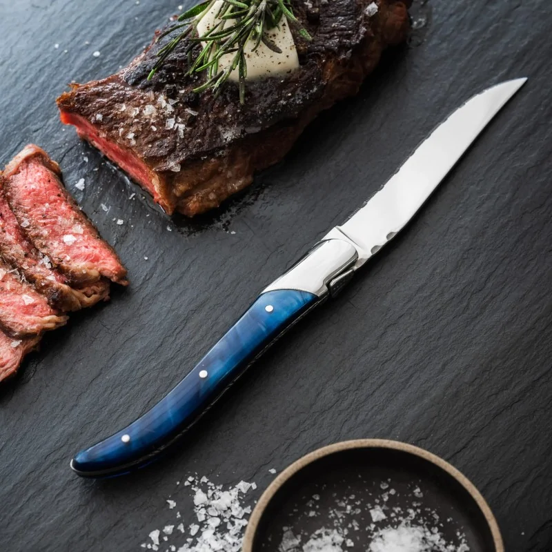 Bon Chef Laguiole Steak Knife - 8 - 7/8" Overall Length - 4" Blade - 13/0 Stainless Steel Blade - Blue Handle - Set of 12 Bon Chef Laguiole Steak Knife - 8 - 7/8" Overall Length - 4" Blade - 13/0 Stainless Steel Blade - Blue Handle - Set of 12