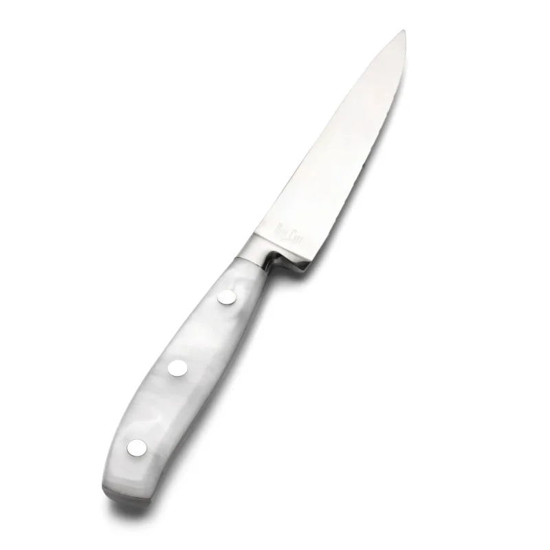 Bon Chef Steak Knife - 9.75"L - 5" Micro - Serrated Pointed Tip Blade - White Swirl Acrylic Handle - Set of 12