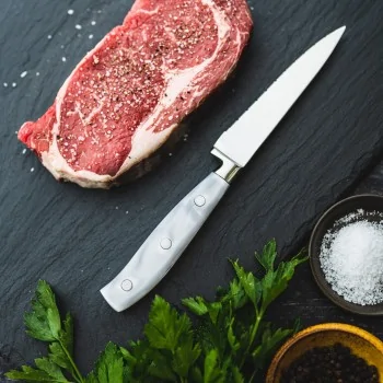 Bon Chef Steak Knife - 9.75"L - 5" Micro - Serrated Pointed Tip Blade - White Swirl Acrylic Handle - Set of 12