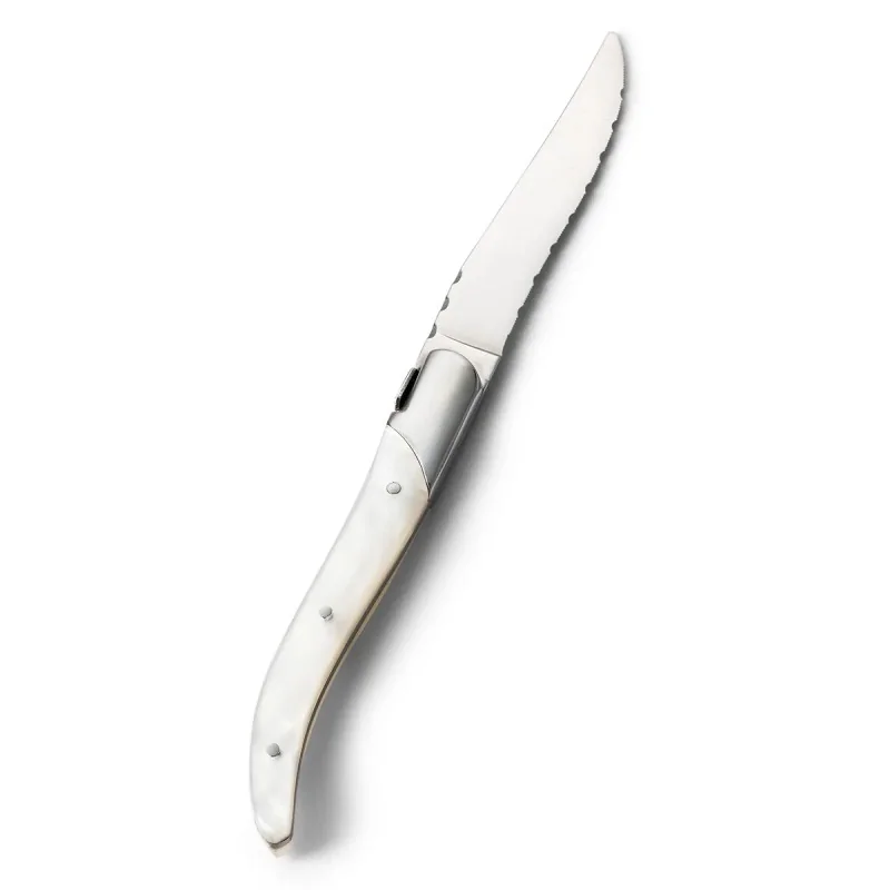Bon Chef Laguiole Steak Knife - 8 - 7/8" Overall Length - 4" Blade - 13/0 Stainless Steel Blade - Pearl Handle - Set of 12 Bon Chef Laguiole Steak Knife - 8 - 7/8" Overall Length - 4" Blade - 13/0 Stainless Steel Blade - Pearl Handle - Set of 12