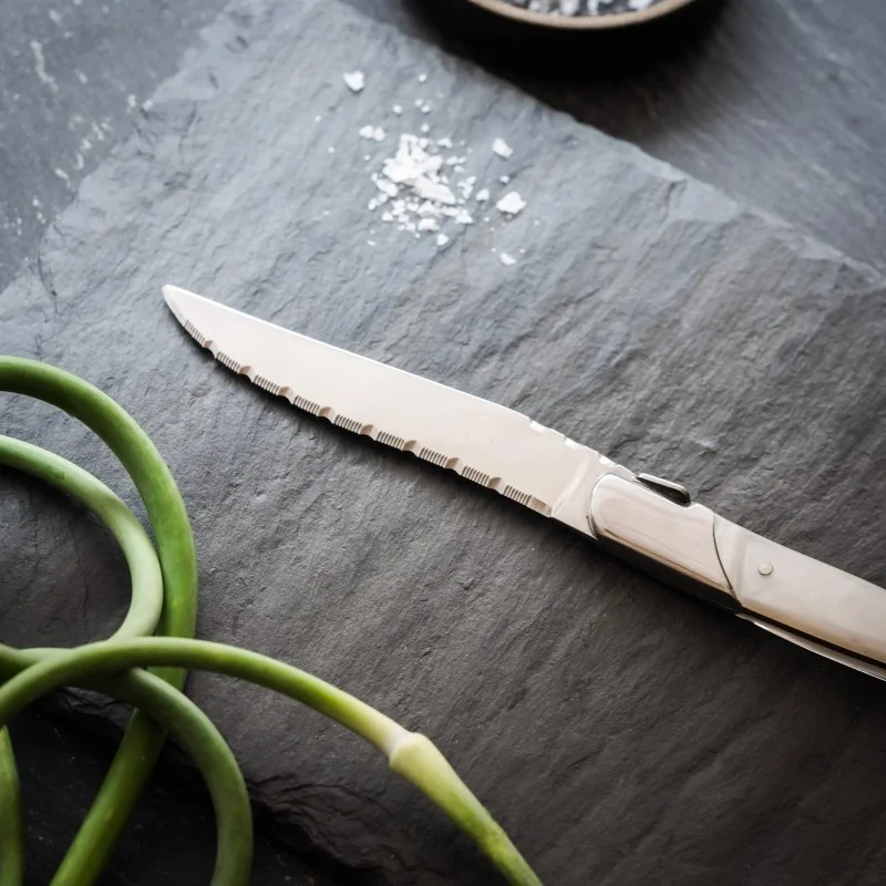 Bon Chef Laguiole Steak Knife - 8 - 7/8" Overall Length - 4" Blade - 13/0 Stainless Steel Blade - Pearl Handle - Set of 12 Bon Chef Laguiole Steak Knife - 8 - 7/8" Overall Length - 4" Blade - 13/0 Stainless Steel Blade - Pearl Handle - Set of 12