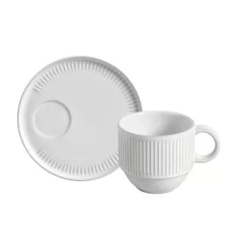 Stoneware New White Linhas Stackable Tea Cup w/ Saucer - Diam. 7.78 oz. - Pack of 12