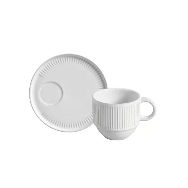 Stoneware New White Linhas Stackable Tea Cup w/ Saucer - Diam. 7.78 oz. - Pack of 12 Stoneware New White Linhas Stackable Tea Cup w/ Saucer - Diam. 7.78 oz. - Pack of 12