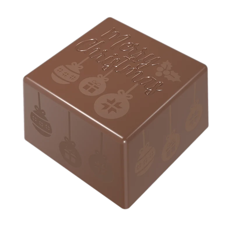 Thermoformed Polycarbonate Square Praline Chocolate Mold - Merry Christmas - 28 cavity - 25 mm x 25 mm x h 15 mm - 10gr Thermoformed Polycarbonate Square Praline Chocolate Mold - Merry Christmas - 28 cavity - 25 mm x 25 mm x h 15 mm - 10gr