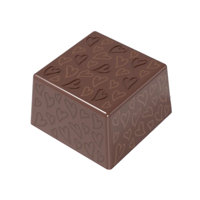 Thermoformed Polycarbonate Square Praline Chocolate Mold - Valena Hearts - 28 cavity - 25 mm x 25 mm x h 15 mm - 10gr Thermoformed Polycarbonate Square Praline Chocolate Mold - Valena Hearts - 28 cavity - 25 mm x 25 mm x h 15 mm - 10gr