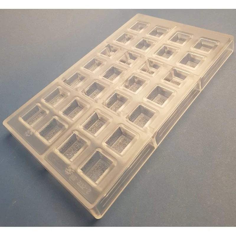 Thermoformed Polycarbonate Square Praline Chocolate Mold - Valena Hearts - 28 cavity - 25 mm x 25 mm x h 15 mm - 10gr Thermoformed Polycarbonate Square Praline Chocolate Mold - Valena Hearts - 28 cavity - 25 mm x 25 mm x h 15 mm - 10gr