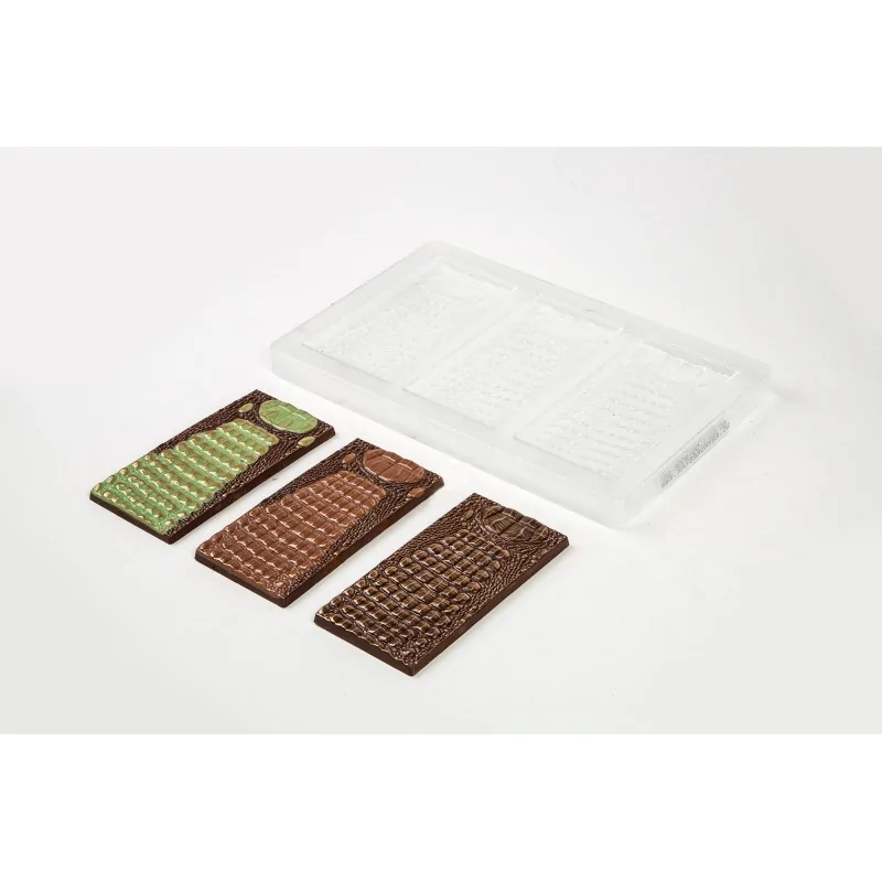 Thermoformed Polycarbonate Chocolate Tablet Mold - Crocodile - 3 cavity - 140 mm x 70 mm x h 8.4 mm - 80gr