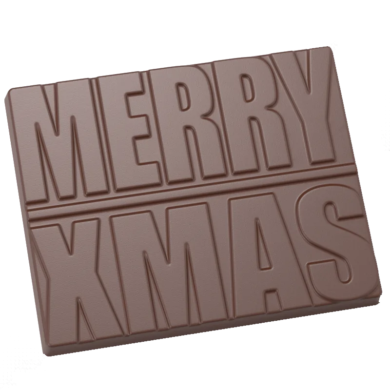 Thermoformed Polycarbonate Chocolate Tablet Mold - Merry Xmas - 4 cavity - 85 mm x 67.7 mm x h 7.8 mm -50gr Thermoformed Polycarbonate Chocolate Tablet Mold - Merry Xmas - 4 cavity - 85 mm x 67.7 mm x h 7.8 mm -50gr
