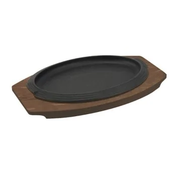 Oval Enamelled Cast-Iron Plate With Wooden Tray - 32 x 22 cm - Set of 6