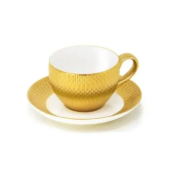 Deras Collection Gold Finish Tea Cup With Saucer - Porcelain - set of 4 - Cup: 20cl - 12 x 8.5 h 7, Saucer: Dia: 14 h 2.