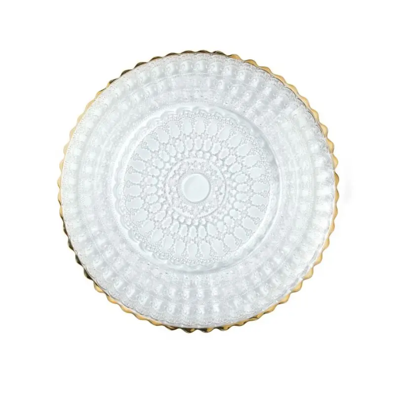 Helios Collection Barocco Design With Gold Rim Dessert Plate - Glass - set of 6 - Dia: 21.5 cm