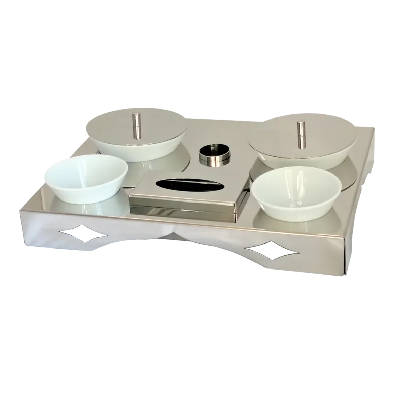 Polished Concept Tray With 2 Glass Cups - Dia: 16 cm & 2 Glass Cups - Dia: 11 cm - 45 x 35 cm H: 6 cm Polished Concept Tray With 2 Glass Cups - Dia: 16 cm & 2 Glass Cups - Dia: 11 cm - 45 x 35 cm H: 6 cm