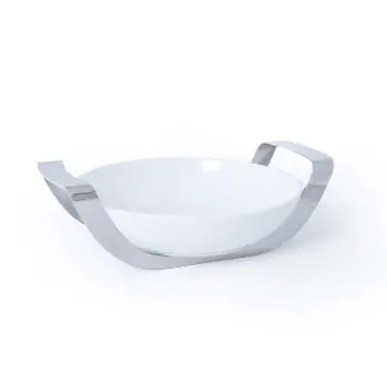 Polished Black Round Porcelain Dish With Stainless Steel Holder - Dia: 28 H: 6 cm