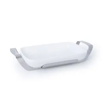Polished Black Rectangular Porcelain Dish With Stainless Steel Holder - 36 X 24.5 H: 6 cm