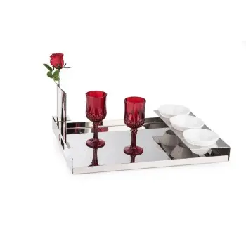 Gold Plated Tray With 3 Porcelain Dishes and 1 Flower Vase - 46 x 33 cm H: 4 cm
