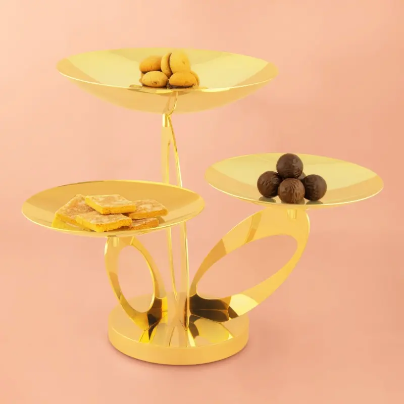 Gold Plated Rotating Stand With 3 Rounded Plates - 46 cm H: 33 cm Gold Plated Rotating Stand With 3 Rounded Plates - 46 cm H: 33 cm