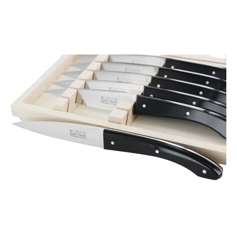 Andre Verdier Capucin 6 Pcs Knife - Plain Edge In Closed Box - Black Acrylic Handle Andre Verdier Capucin 6 Pcs Knife - Plain Edge In Closed Box - Black Acrylic Handle