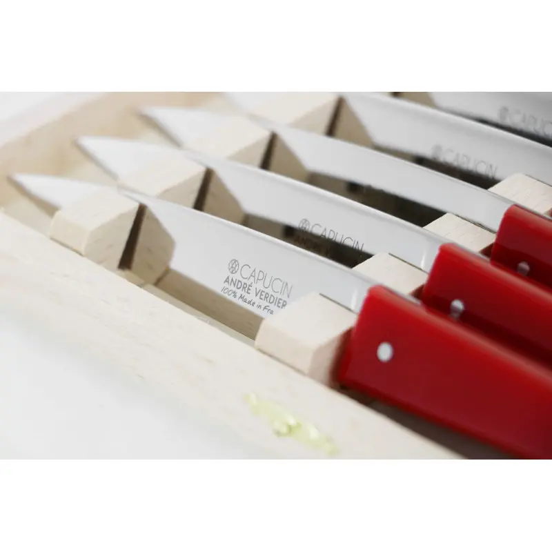 Andre Verdier Capucin 6 Pcs Knife - Plain Edge In Closed Box - Red Acrylic Handle Andre Verdier Capucin 6 Pcs Knife - Plain Edge In Closed Box - Red Acrylic Handle
