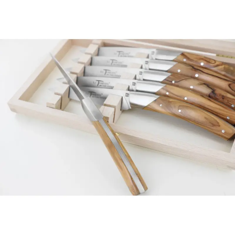 Andre Verdier Le Thiers Elegance 6Pc Knife - 1 Solid Stainless Steel Bolster In Box - Olive Wood Handle
