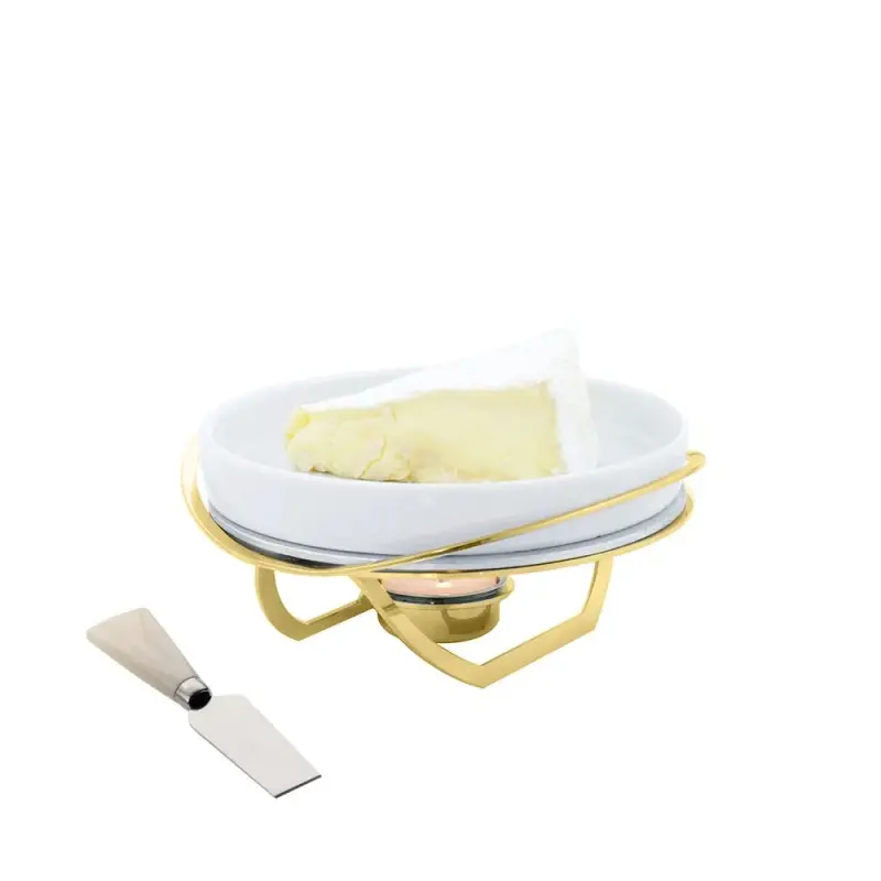 Designer Golden Plated Stainless Steel Linea Small Brie Cheese Rechaud with Knife