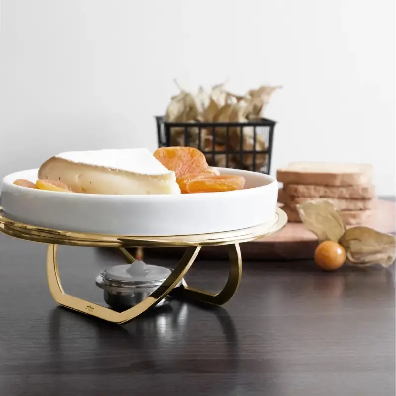 Designer Golden Plated Stainless Steel Linea Small Brie Cheese Rechaud with Knife