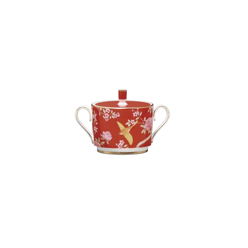 Narumi Flat Rim Collection Queen's Garden Red Sugar Bowl With Cover 250cc - Set of 12