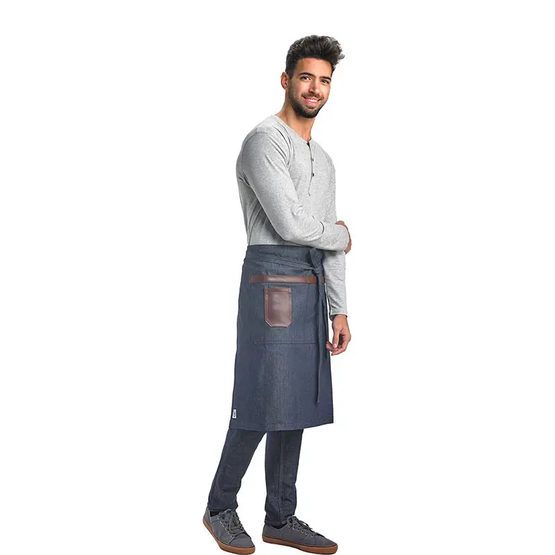 Mercer Culinary Wyatt Mid - Bistro Apron - Indigo Denim with Brown Leather Accents