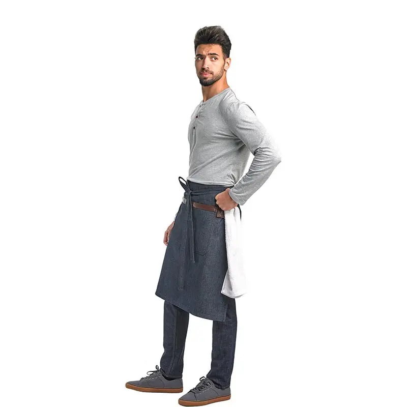 Mercer Culinary Wyatt Mid - Bistro Apron - Indigo Denim with Brown Leather Accents
