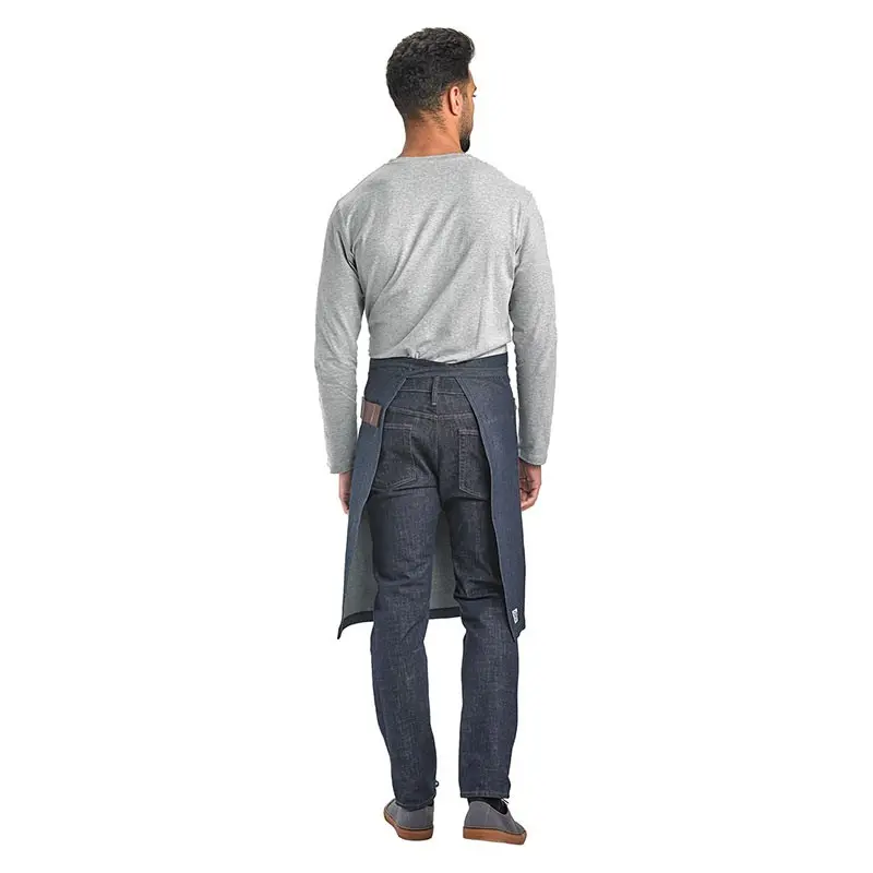 Mercer Culinary Wyatt Mid - Bistro Apron - Indigo Denim with Brown Leather Accents