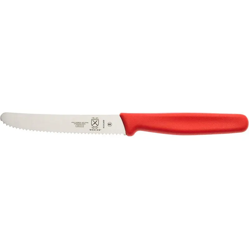Mercer Culinary 4.3" Utility Knife - Rounded Tip - Wavy Edge - Red Handle - Mercer Culinary 4.3" Utility Knife - Rounded Tip - Wavy Edge - Red Handle -