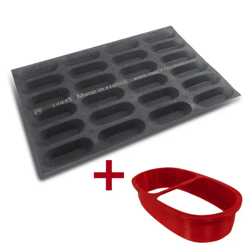 FIBERMAE Professional Instant Oblong Tart Kit Mold with Cookie Cutter - 132 mm x 67 mm x 30 mm - 80ml - 24 cavity FIBERMAE Professional Instant Oblong Tart Kit Mold with Cookie Cutter - 132 mm x 67 mm x 30 mm - 80ml - 24 cavity