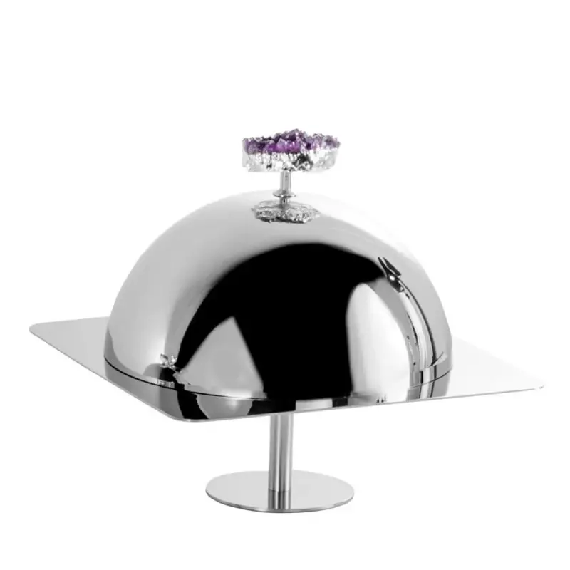 Designer Stainless Steel Serving Plate with Cloche and Amethyst Stone