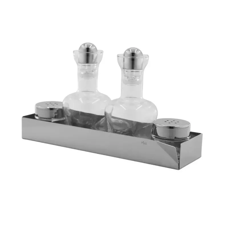 Designer Glass with Stainless Steel Ritratto Cruet Stand - 5 Pieces Designer Glass with Stainless Steel Ritratto Cruet Stand - 5 Pieces