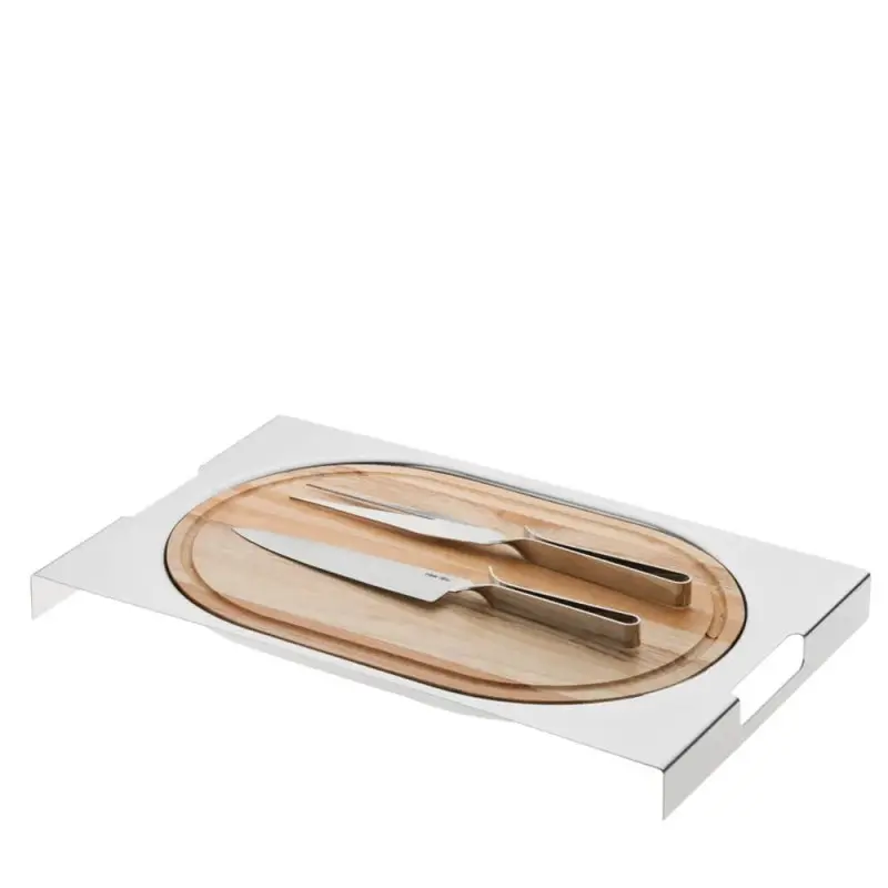 Designer Stainless Steel Cassino Tray with Meat Board, Carving Set and Fork and Knife Designer Stainless Steel Cassino Tray with Meat Board, Carving Set and Fork and Knife