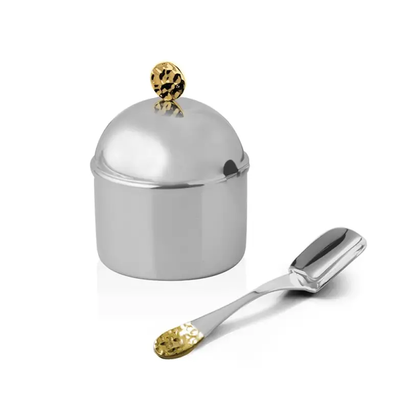 Designer Golden Plated & Stainless Steel Ravena Sugar Bowl with Spoon 0.25 kg Designer Golden Plated & Stainless Steel Ravena Sugar Bowl with Spoon 0.25 kg