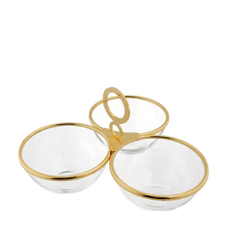 Designer Golden Plated Stainless Steel Sarezzo Triple Appetizer Holder Designer Golden Plated Stainless Steel Sarezzo Triple Appetizer Holder